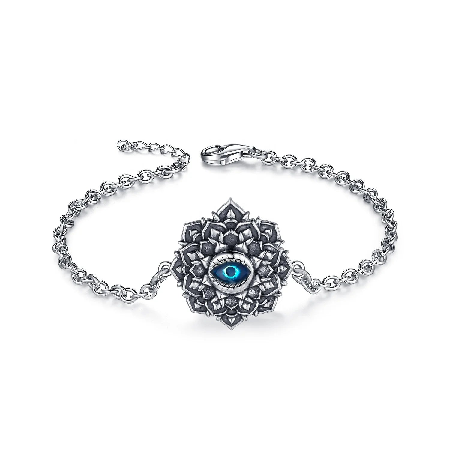 Isunni S925 Sterling Silver Retro Oxidation Design Blue Devil Eye Lotus Bracelet