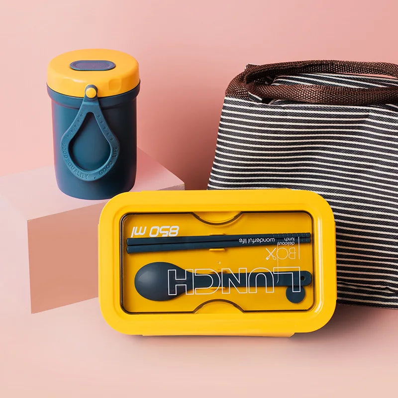 Food Grade Plastic Creative Bento Box Microwave Safe 2 Divided Single Layer Lunch Box Soup Cup Set With Tableware Set Lunch Bag