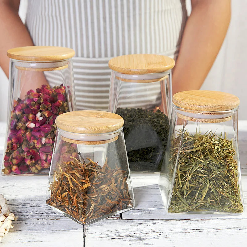 High Borosilicate Transparent Clear Kitchen Sugar Coffee Beans Tea Leaves Storage Jar With Wood Lid Boxes Set Kitchen Organizer
