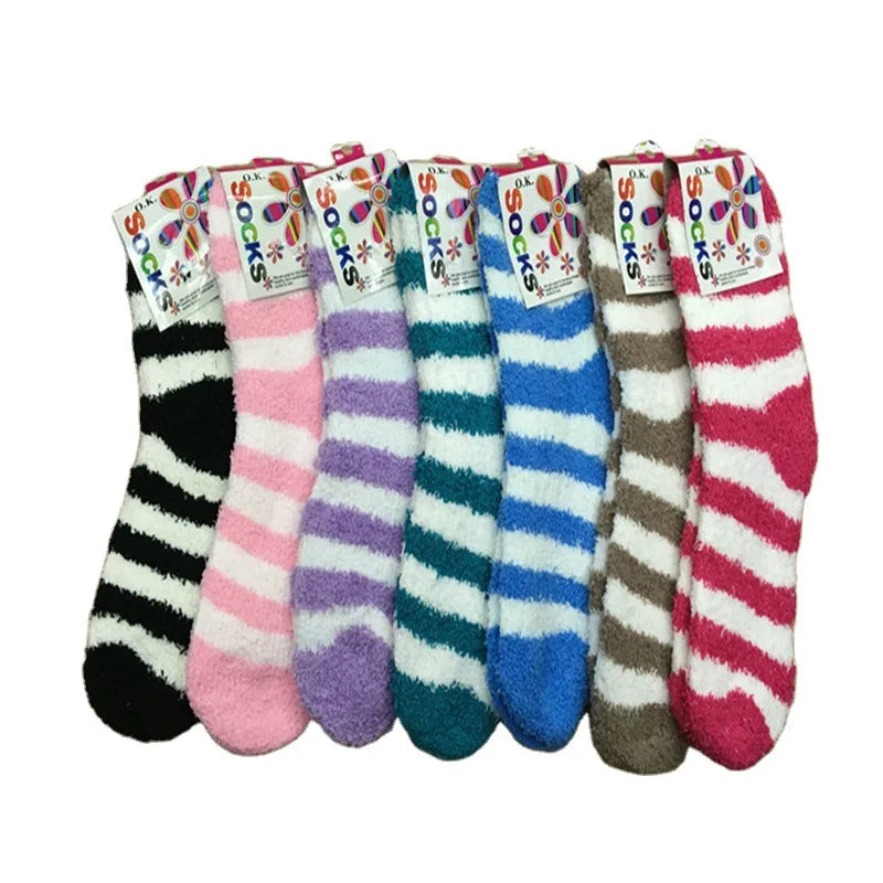 Winter Warm Fuzzy Striped Coral Fleece Socks Stripe Floor Sleep Socks Womens Thick Coral Velvet Warm Fashion Socks