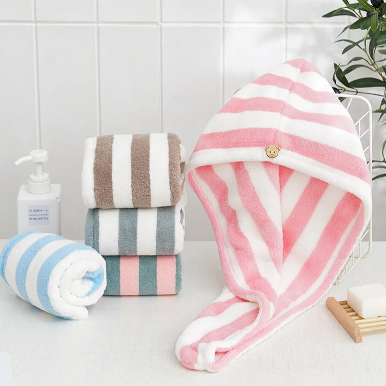 Quick-drying Water-absorbing Thick Coral Headscarf with Wide Strips and Buttons - Dry Hair Cap 20 1668 China Plaid Coral Fleece