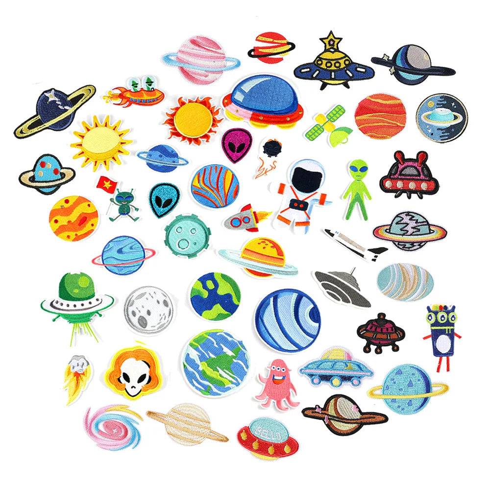 Hot Sale Earth UFO Aircraft Design Universe Space Badge Iron on Embroidery Planet Patches for Clothes Bag