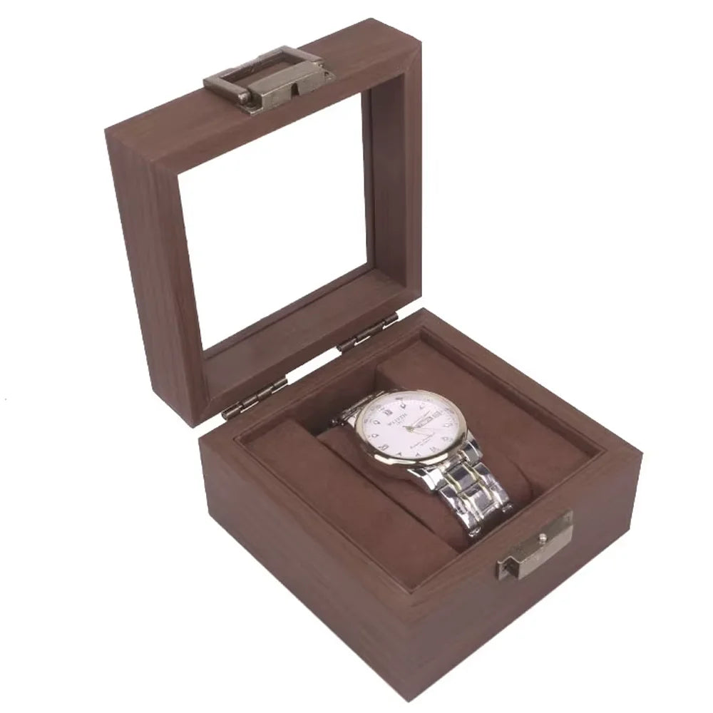 Wholesale New Design Custom Logo Luxury Walnut Wooden Grain Protective Square Watch Packaging Box Single Slot Storage Case