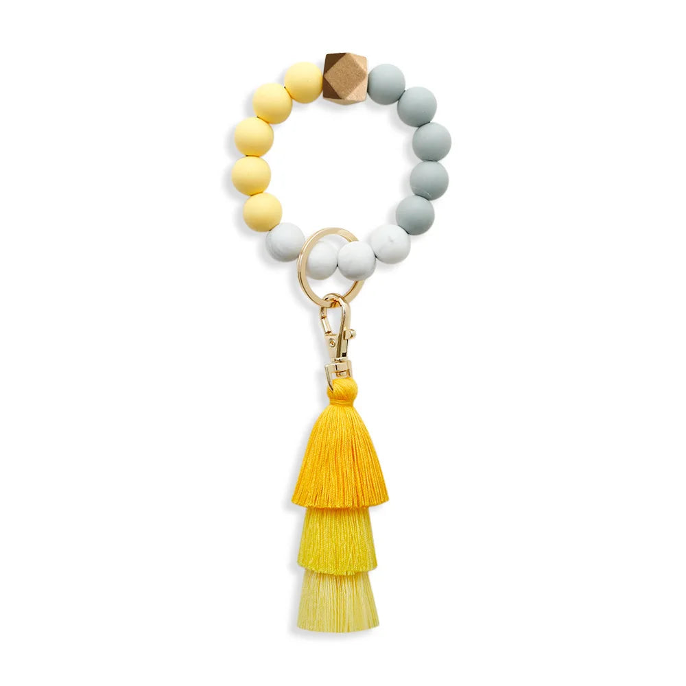 Elastic Woven Pendant Wristlet Key Chain Rechargeable Silicone Wooden Beads Bracelet with Cat Pattern and Circle Tassel Keyring