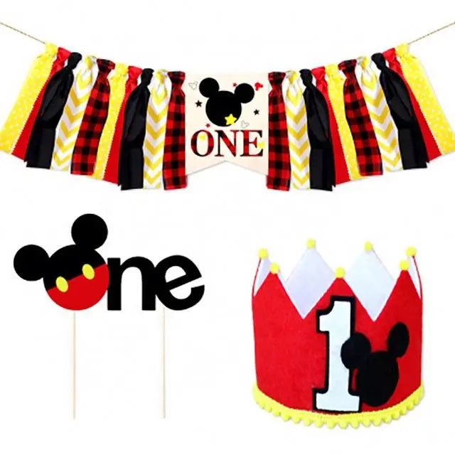 Cartoon  Black Red Yellow Mouse Party Supplies for Pet or Children's One Year Old Birthday Party Felt Tassel Bunting Decoration
