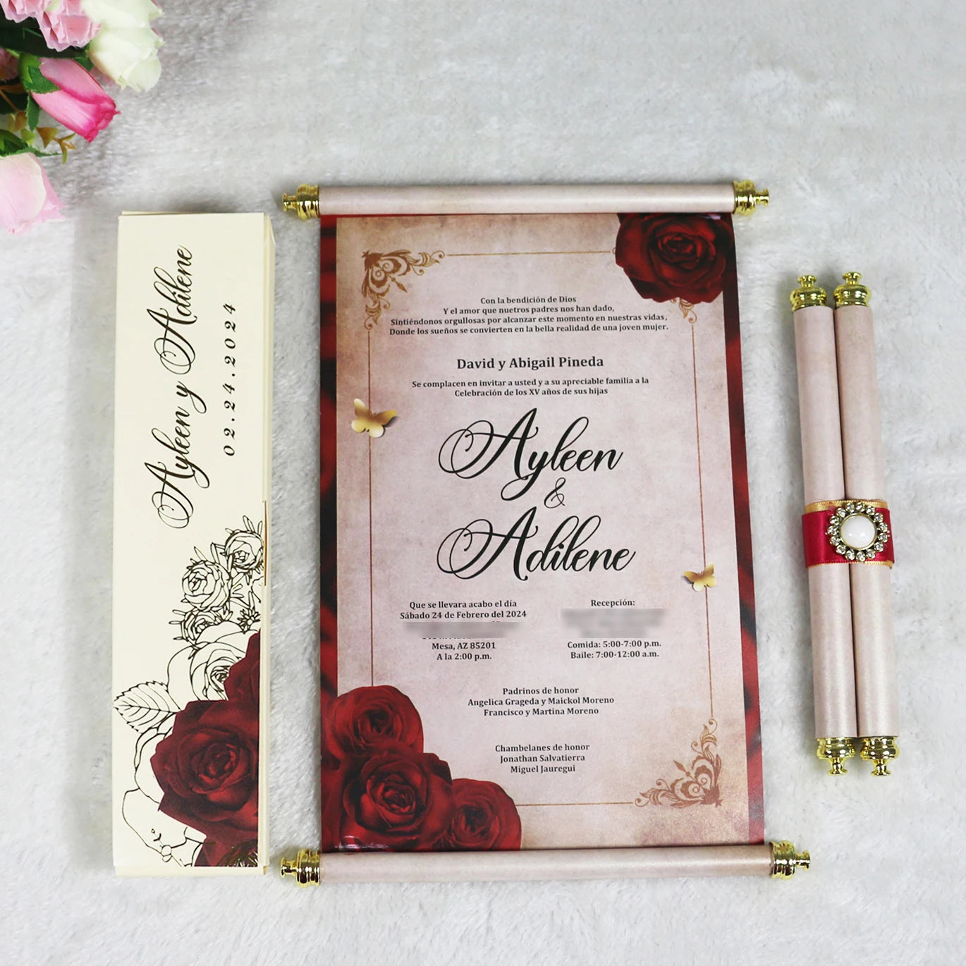 Romantic Gold and Red Digital Printing Quinceanera DIY Handmade Vintage Birthday Scroll Invitations With Paper Box Tassel