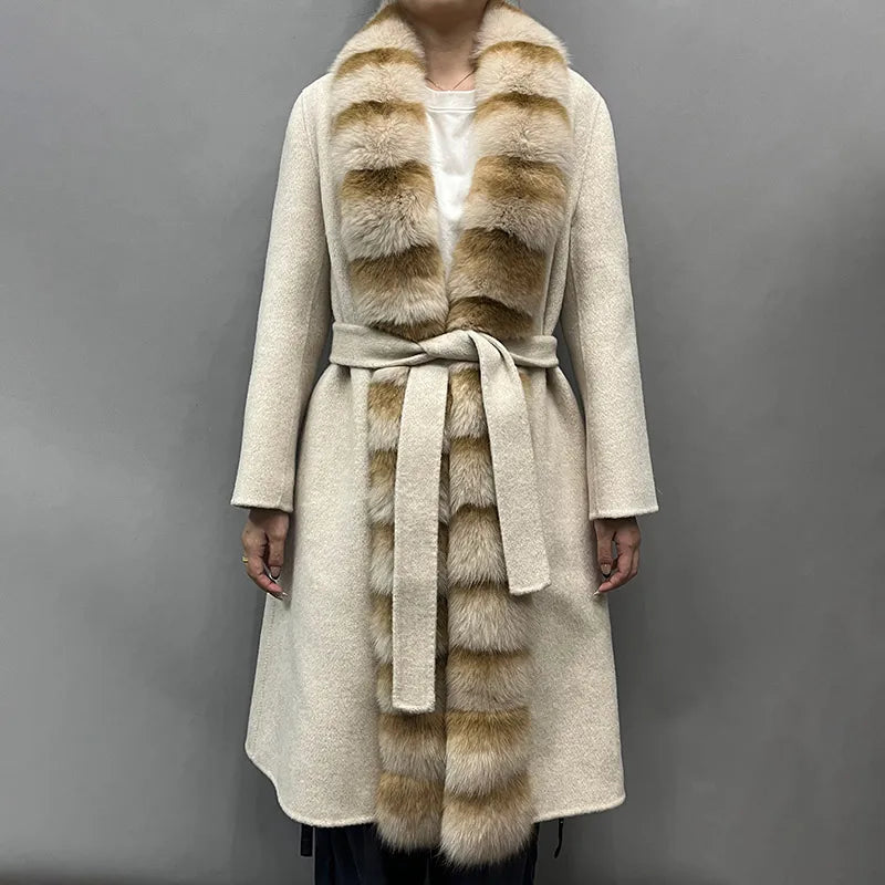 Winter Thick Warm Women Trench Cashmere Wool Coat With Detachable Fox Fur Collar