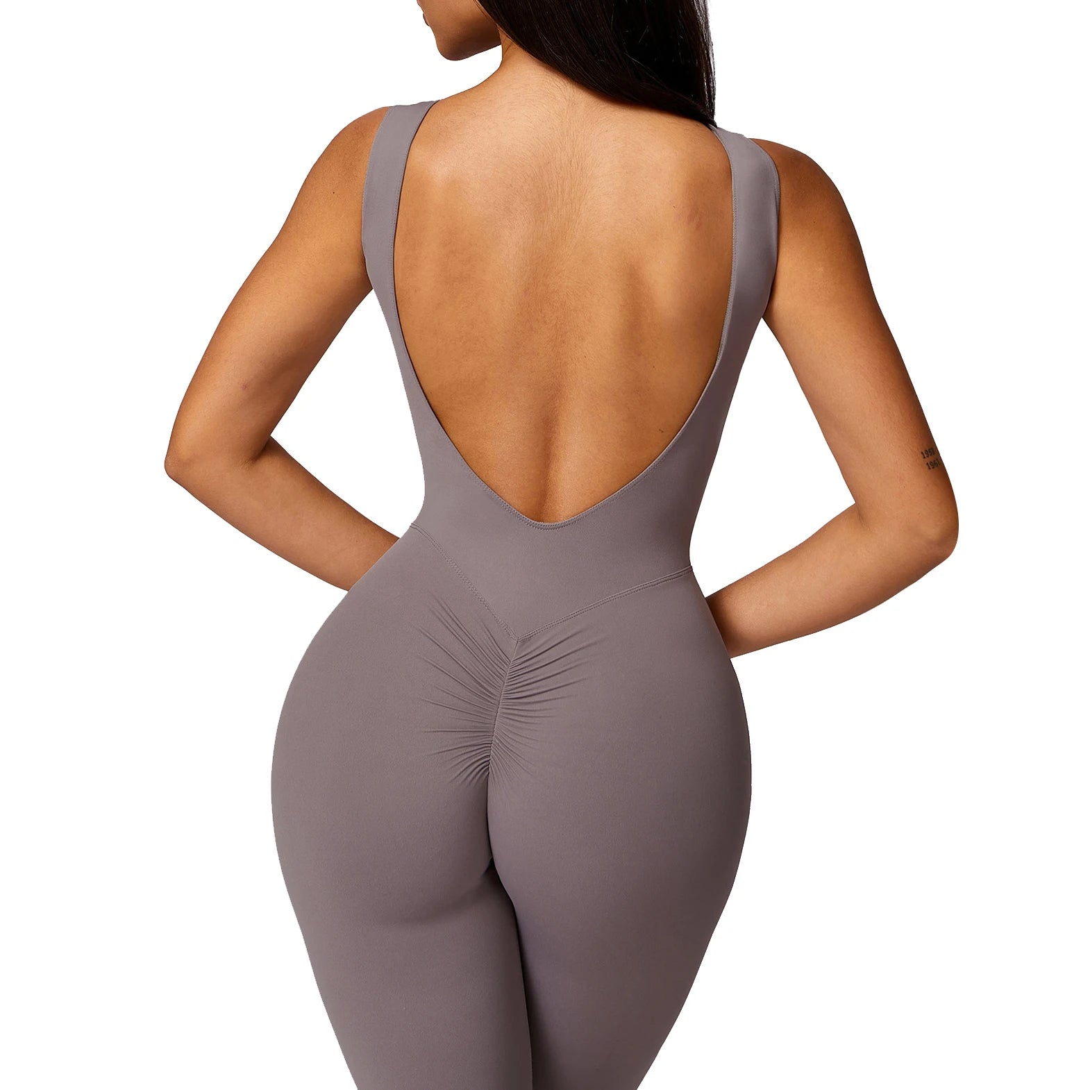 Women's Lightweight Compression Yoga Jumpsuit Deep V Scrunch Back Sports Bodysuit with Soft Elastic for Exercise and Fitness