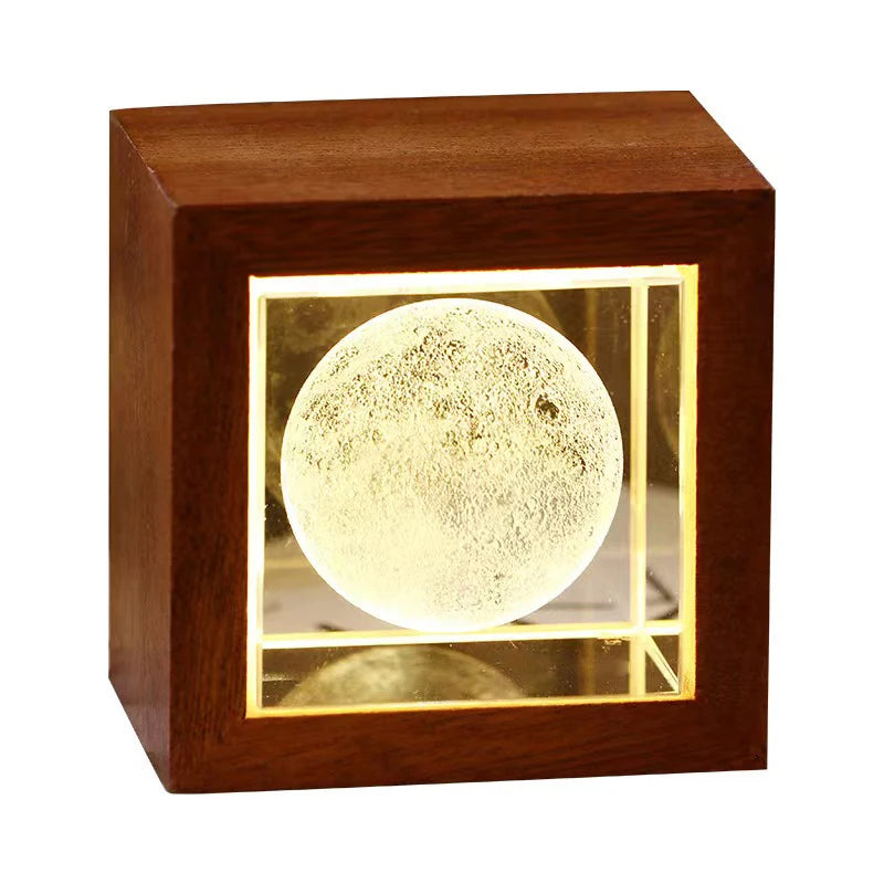 Healing Crystal Cube Laser Engraved Planet Heart Galaxy Glass Cube With Wooden LED Frame Base for Children Birthday Gift