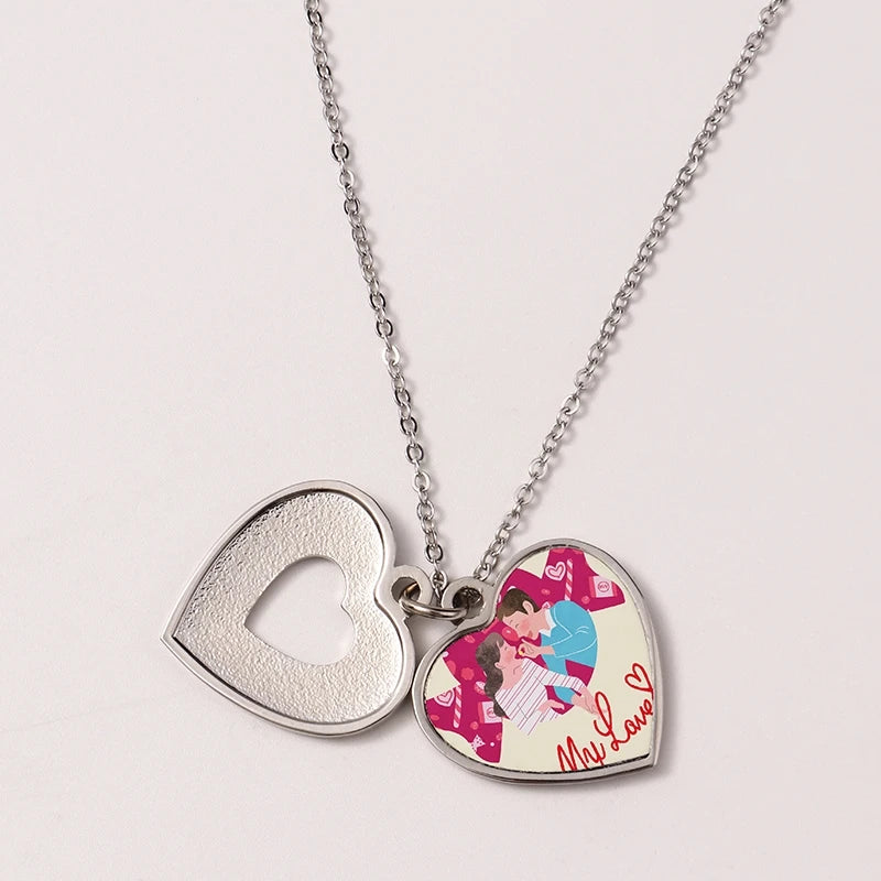 Metal Crafts Valentine's Day Gift DIY Sublimation Blanks Heart Carved Sliding Locket Necklace