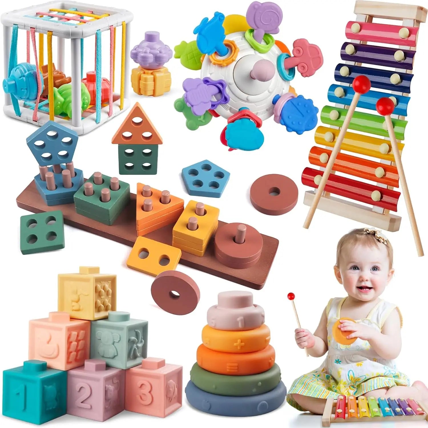JXD Baby Toys Kids Play 6 to 12 Months 6 in 1 Montessori Toy for Toddlers 1-3 Sensory Shapes Storage Bin Stacking Blocks Rings