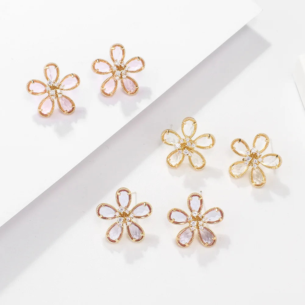 New Fashion Brass Inlay Zirconia Flower Rhinestone Earrings Gold Plated Post Stud for Women Girls