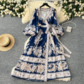 LW0767 Retro Design Sense V-Neck Cross Lace up Waist Print Dress Women'S Lantern Sleeve Long Dress Large Size Dress 2025