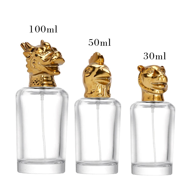 30ml 50ml 100ml Empty Cylinder Glass Perfume Bottle with Golden Zodiac Lid Thick Bottom Cosmetic Spray Glass Bottle for Perfume