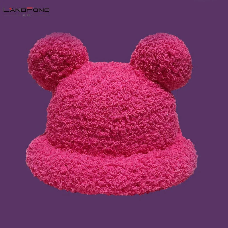 Landfond Accessory Ear Fluffy Bucket Hat Fleece Funny Fisherman Christmas Cap Winter Warm Women Girls