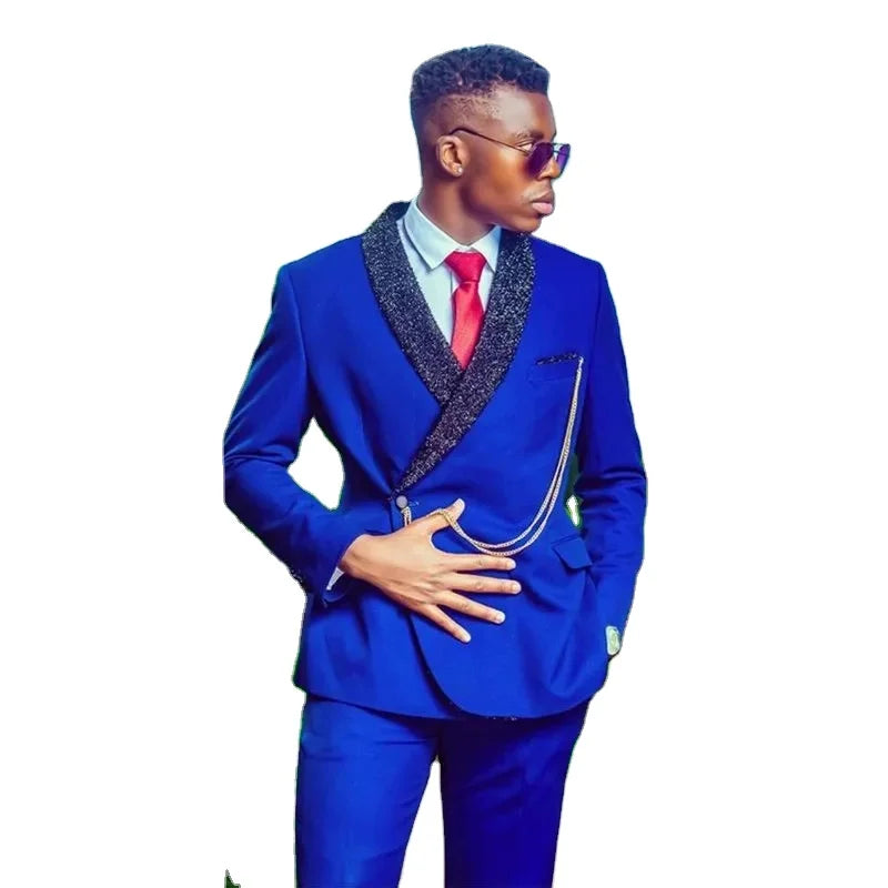 Handsome Blue One Button Groom Tuxedos Shawl Lapel Groomsmen Man Suit Mens Wedding/Prom/Dinner Suits Bridegroom Jacket Pants