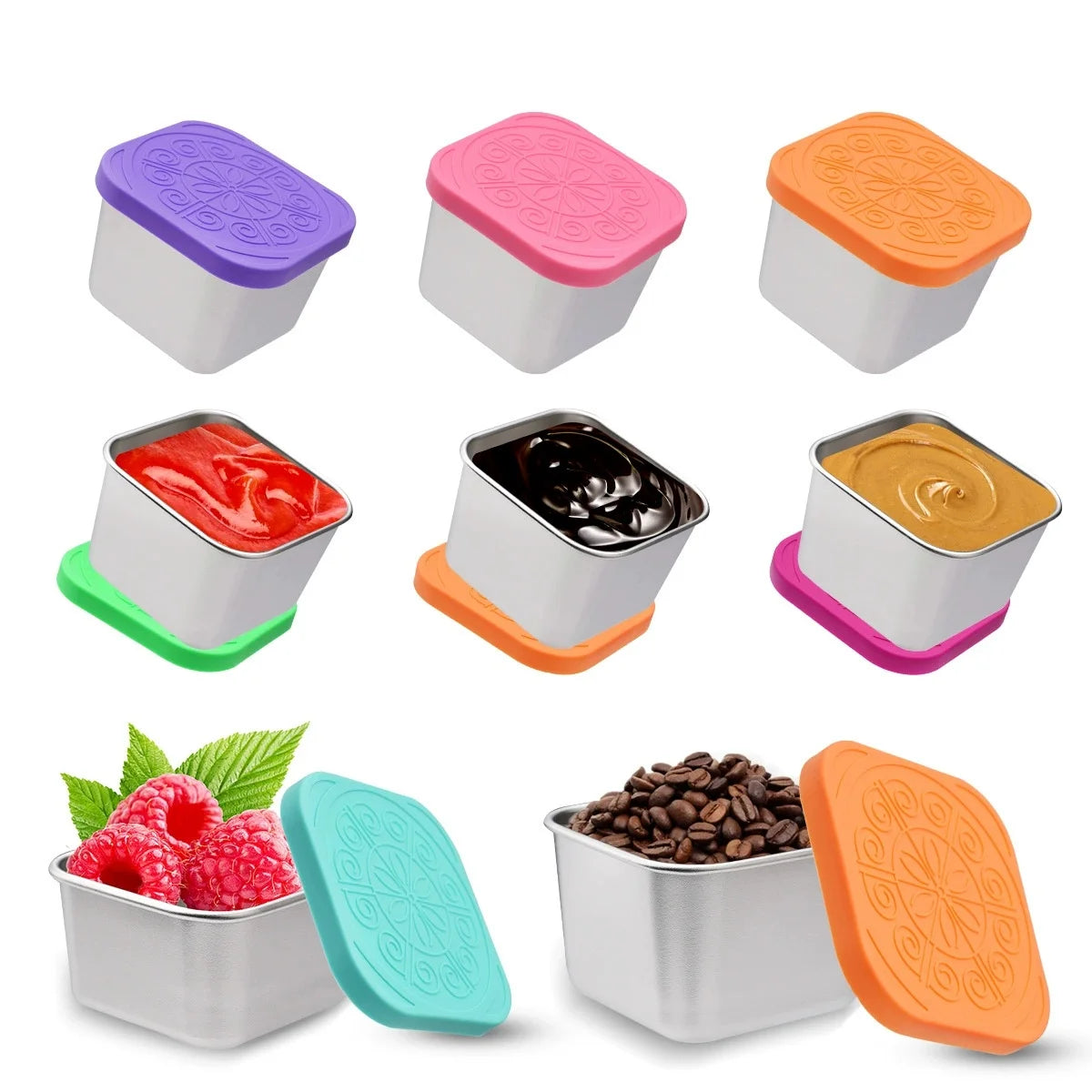 Stainless Steel 304 Tableware 60/180ml Leak-Proof Reusable Salad/Tomato Dip Container Plate/Box with Silicone Lid