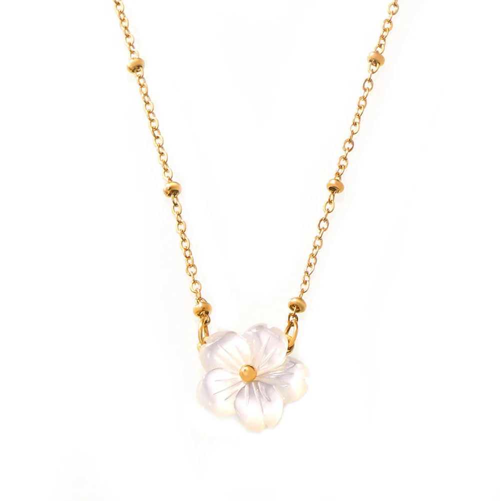 Fine Jewelry Necklaces Hypoallergenic 18k Real Gold Plated Flower Necklace Beaded Chain Dainty Sea Pearl Shell Necklace Choker