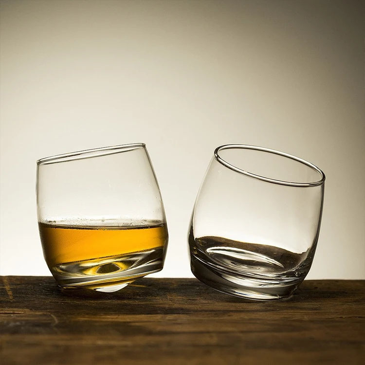Wholesale Clear Crystal Round Tilted Rocking Slanted Bottom Whiskey Glass