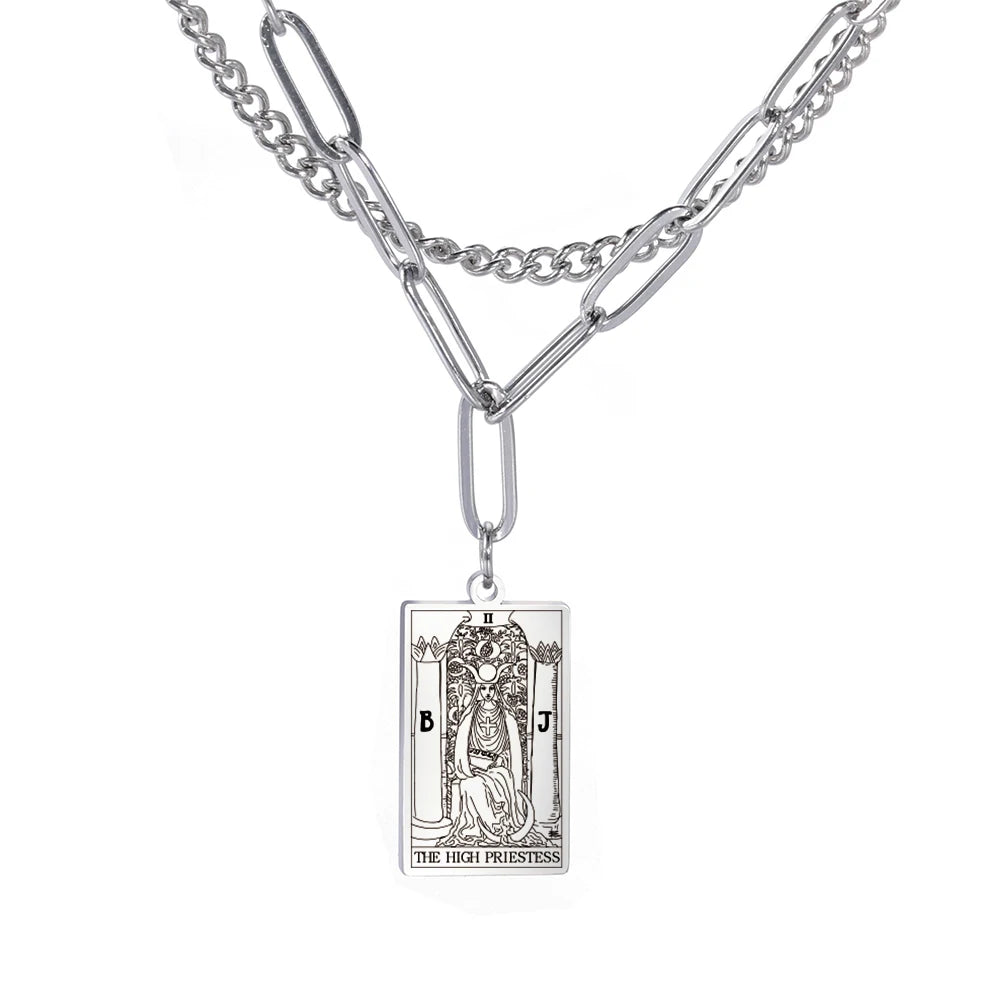 Double Layer Necklace Vintage Tarot Jewelry Good Luck Amulet Pendants Stainless Steel Necklace