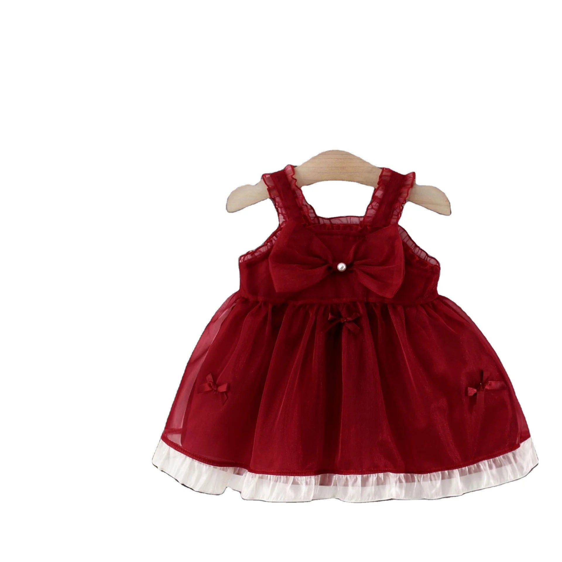 2025 Summer New Girls Red Pink Lace Dress Newborn Sling Bow Princess Dresses