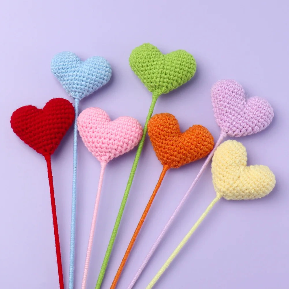 Best Selling Creative Multi Color Crochet Heart Branch Wholesale Artificial Woolen Knitted Flower Ornament for Couple Gifts