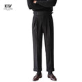 Men's Business Gentleman Casual Pants Waffle Paris Buckle High Waist Trousers Naples Non-Iron SAG Pleating Plus Size Suit Pants