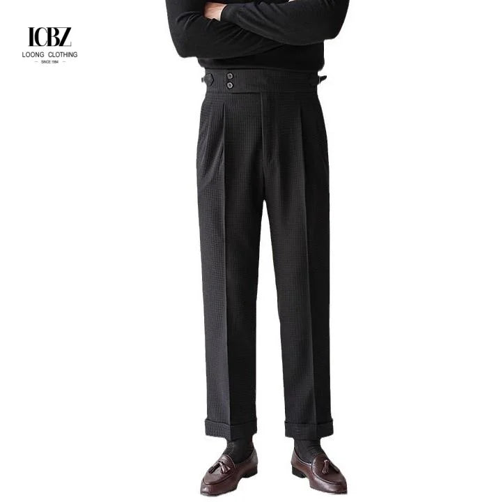 Men's Business Gentleman Casual Pants Waffle Paris Buckle High Waist Trousers Naples Non-Iron SAG Pleating Plus Size Suit Pants