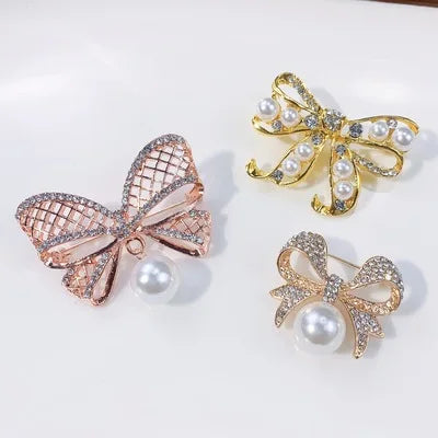 Fashion Rhinestone Pearl Bow Brooch Gold Silver Color Pearl Brooches Pins for Wedding Brooch Bouquet Clothing Dress Accessories