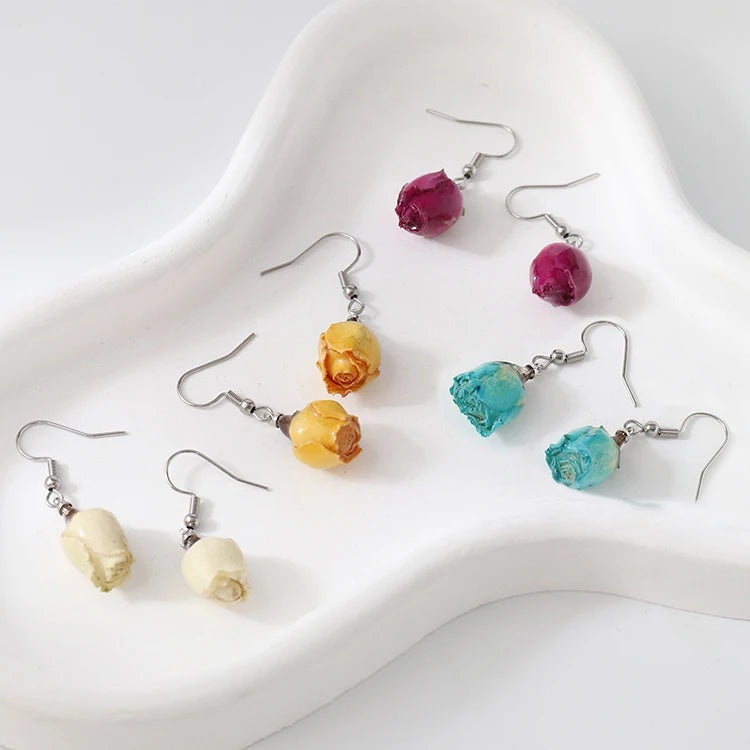 Romantic Floral Jewelry Pure Natural Real Flower Preserved Rose Bud Drop Earrings for Women Valentine's Day Bridal Mother Gift