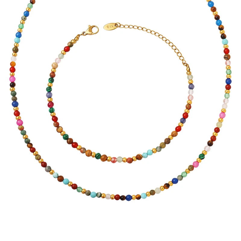 Best Selling 14K Gold Plated Classic Bohemian Colorful Natural Stone Fashion Necklace Stainless Steel Jewelry Set for Women