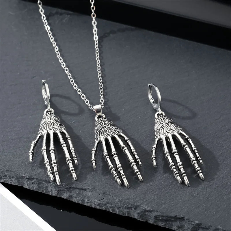Gothic Style Antique Silver Plated Vintage Skeleton Hand Bone Earring Necklace Jewelry Set for Women