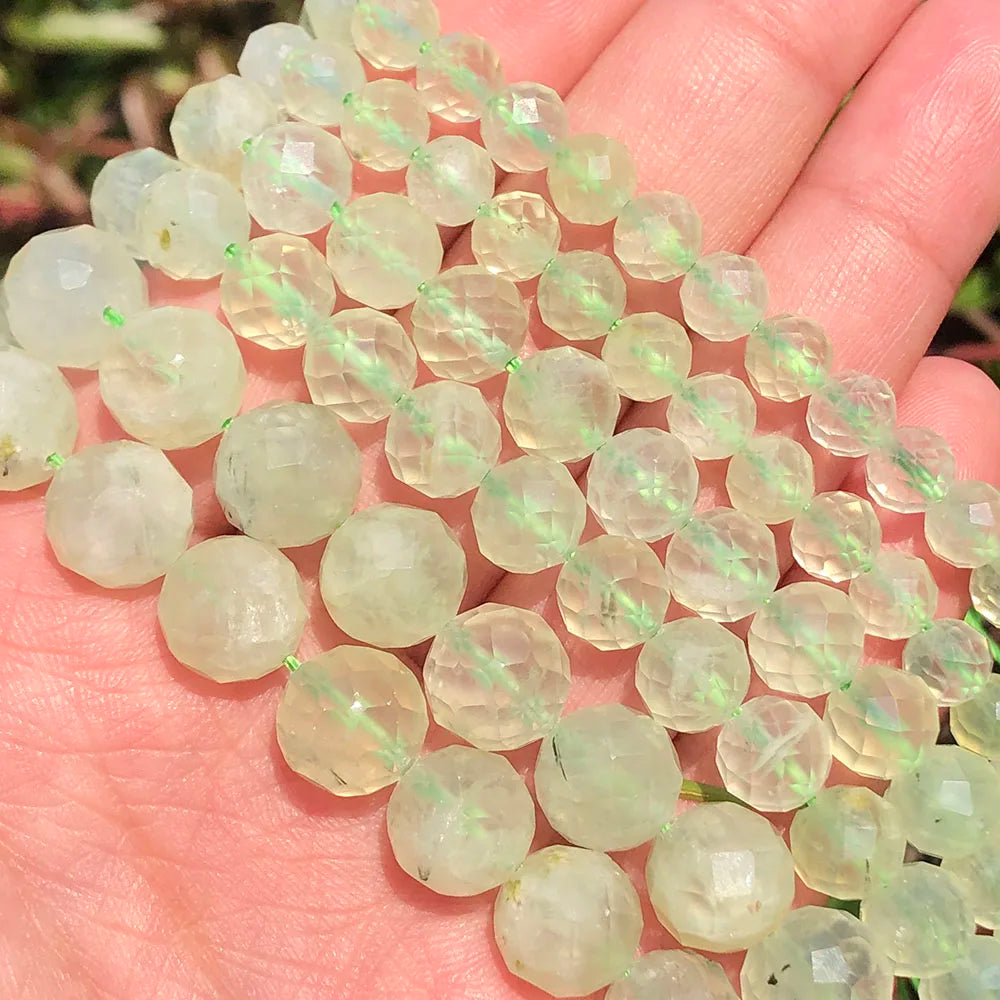 AA Grade 6/8/10MM Faceted Natural Light Green Prehnite Semi Gemstone Loose Beads Kuoyu Brand for Jewelry Making Bracelet DIY