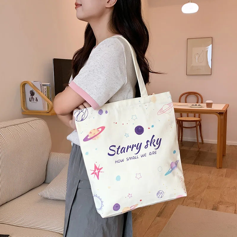 Cartoon Print Canvas Shoulder Bags for Women Students Class Girls Underarm Bag Handbags Commuter Portable Female Shopping Tote