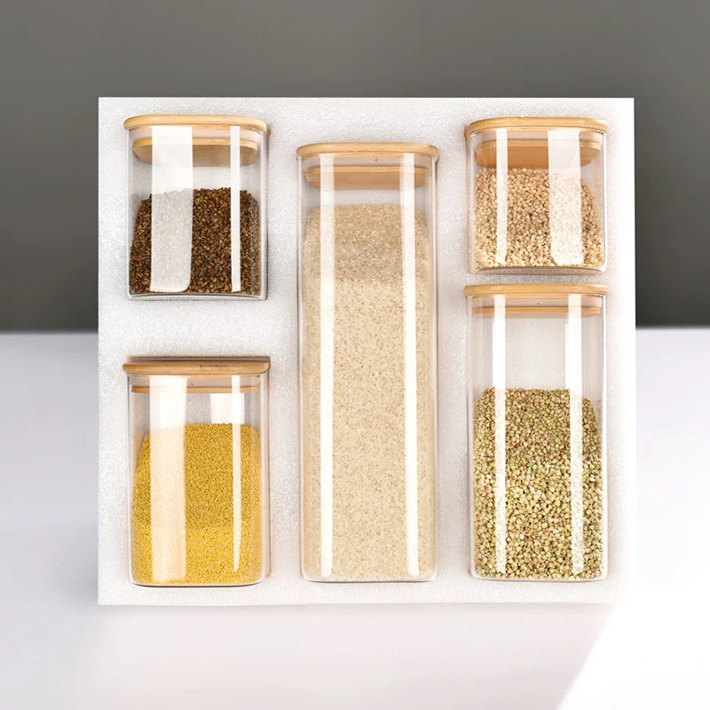 Hot Selling Pack of 5 Glass Food Storage Jars with Airtight Bamboo Lids Stackable Kitchen Canisters Set for Presentations