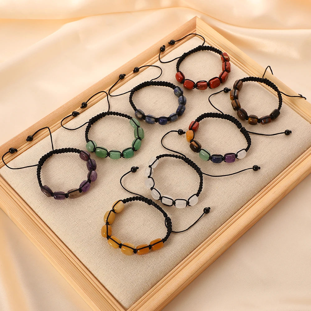 Natural Gemstone Energy Balancing Yoga Beads Stretch Bracelet Jewelry Handmade Braided Adjustable Reiki Healing Crystal Bracelet