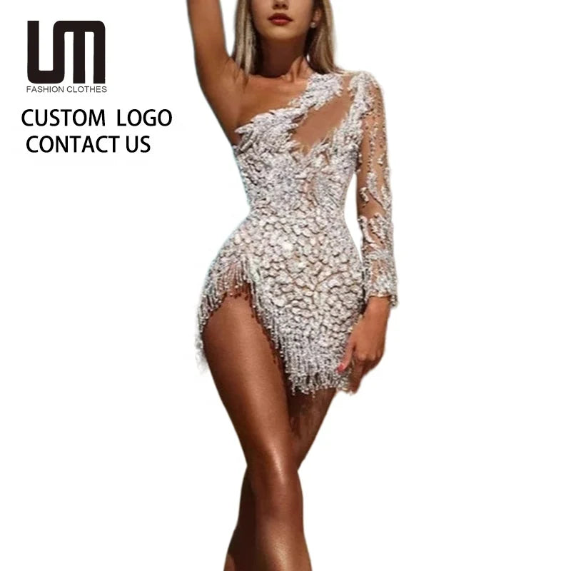 OEM New Women Elegant Evening Dress - Long Sleeve Single Shoulder Gown with Fringe Formal Party Dress for Prom/Wedding/Banquet