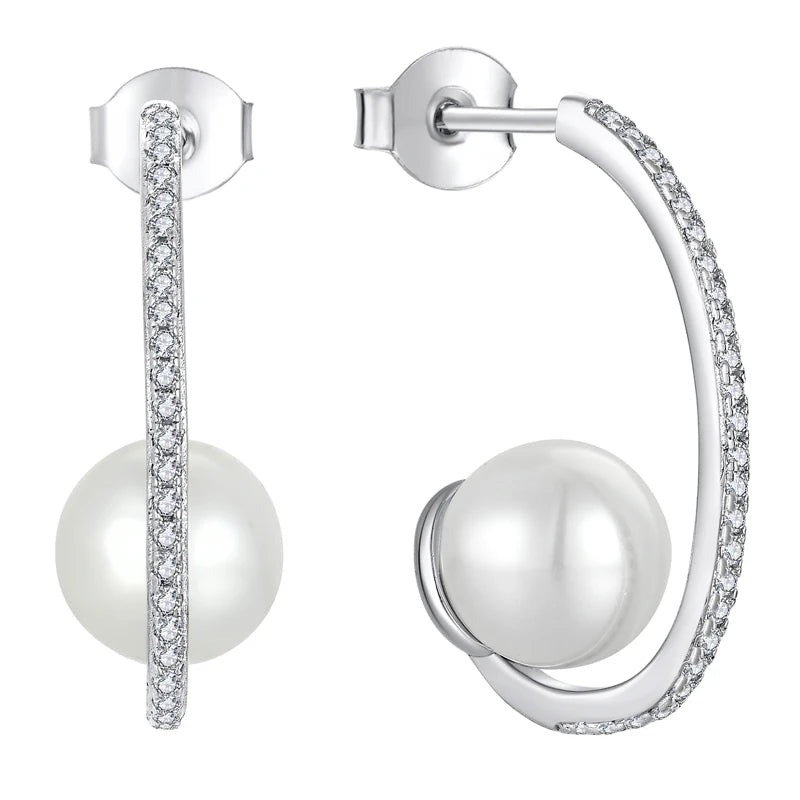 Elegant Half Moon Design Luxury Hypoallergenic Sterling Silver Smooth Freshwater Pearls Earrings with Zircon Accents