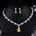 2 Pcs Shiny White Yellow Square CZ Collocation Necklace and Earrings Luxury Evening Party Dress Bridal Jewelry Set for Women