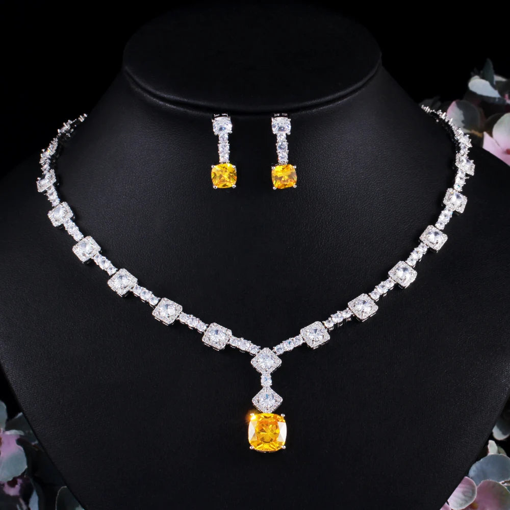 2 Pcs Shiny White Yellow Square CZ Collocation Necklace and Earrings Luxury Evening Party Dress Bridal Jewelry Set for Women