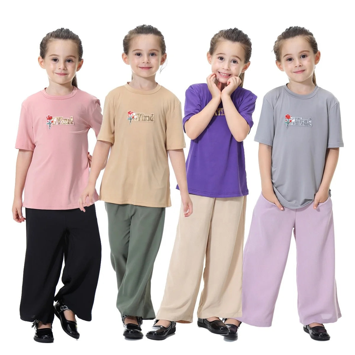 C0041 Arab Southeast Asian Girl's Short Sleeve Round Nect T-shirt Loose Wide Leg Pants Set 2-piece Set 90-160cm