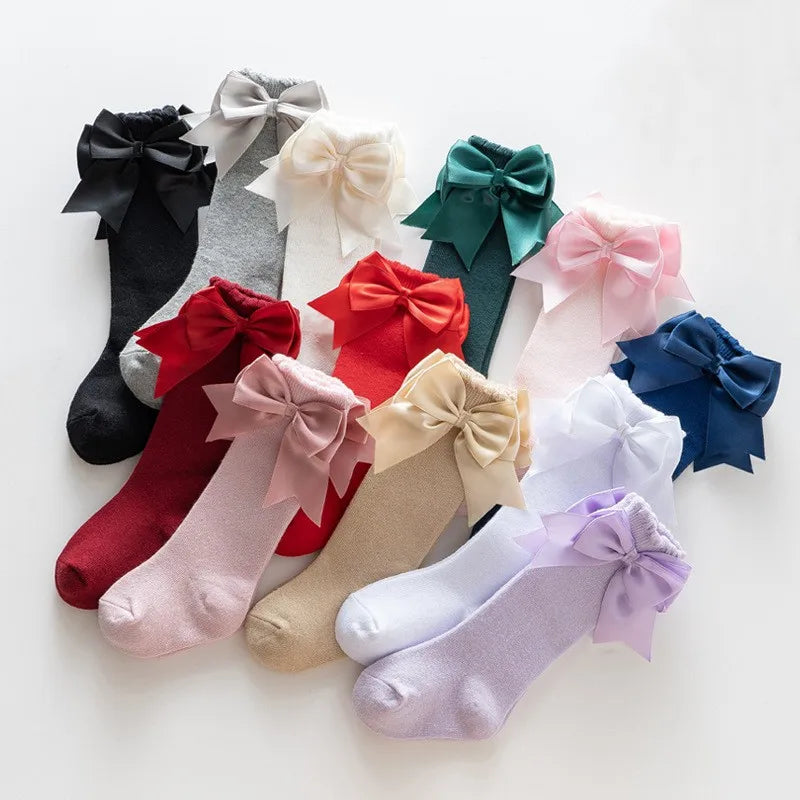 12 Colors New Arrival Children's Solid Fashion Swallow Tail Double Bow Knee Length Princess Socks Gifts