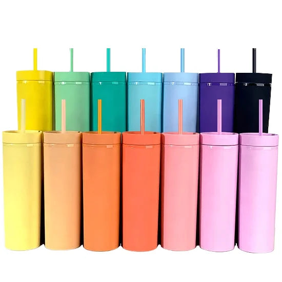 16oz Pastel Matte Acrylic Plastic Unbreakable Tumbler Double Wall for Skinny Cup with Lid and Straw Glass Tumbler