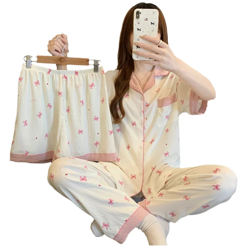 DDP Three Piece Set Casual New Style Cute Printed Comfortable Summer Nightgown Casual Home Wear Women Home Wear Pajamas