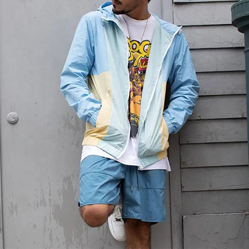 Custom Logo Polyester Two Piece Jogger Zip up Suits Windproof Zipper Mens Windbreaker Jacket With Hooded Tracksuit Short Set Men