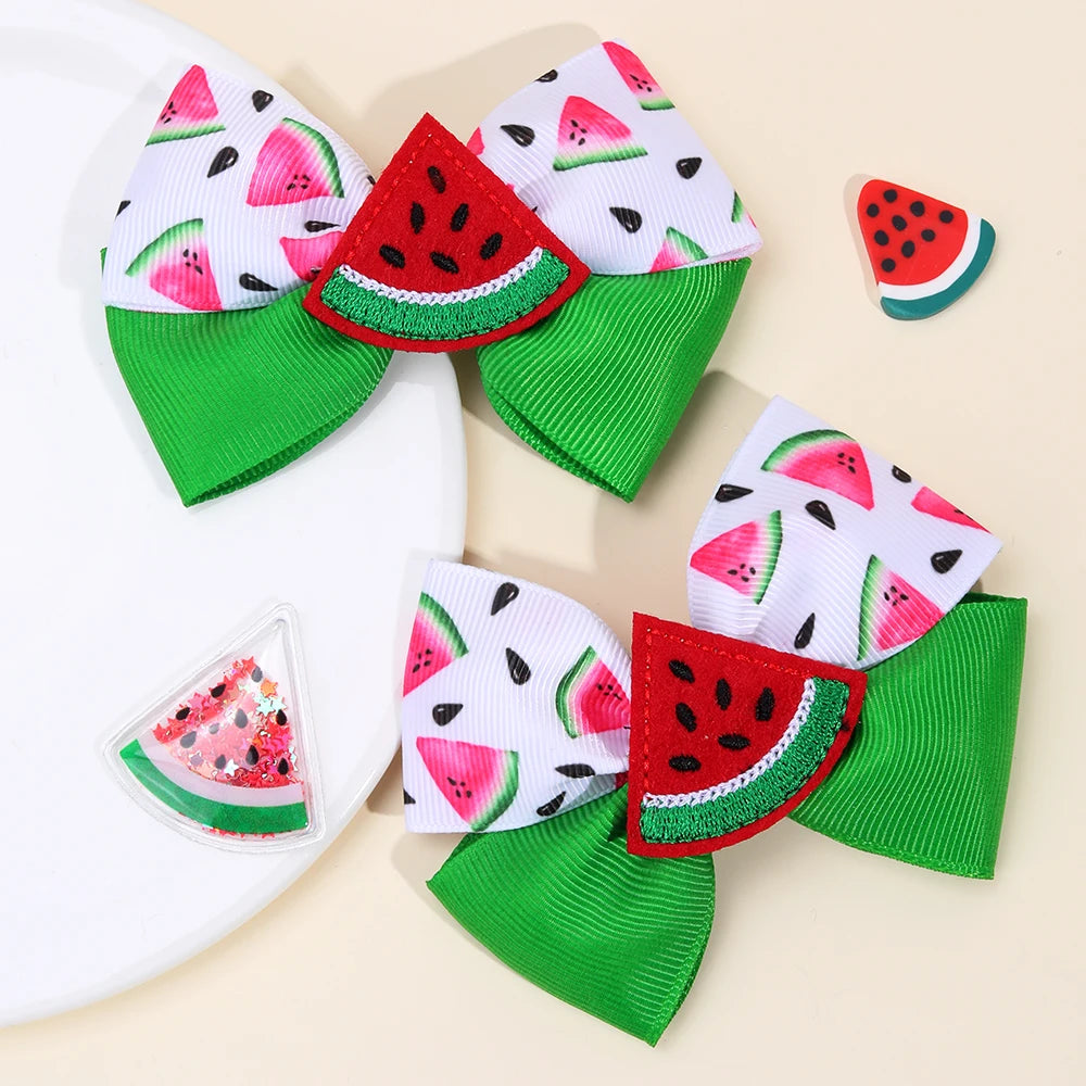 CN 2Pcs 3.5Inch Print Ribbon Hair Bow Clip Summer Watermelon Bows Hair Clip for Girls Toddler