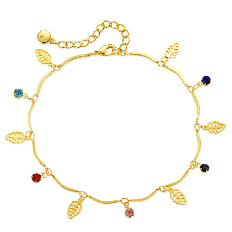 Fashion Trendy Korean Brass Alloy 18k Gold Plated Leaf with Zircnia Zicon Bead Pendant Anklet for Women Foot Jewelry