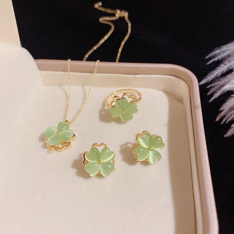 2022 New Style Green Opal Four-leaf Clover Rotating Windmill S925 Silver Needle Earring Rotatable Necklace Ring Jewelry Set