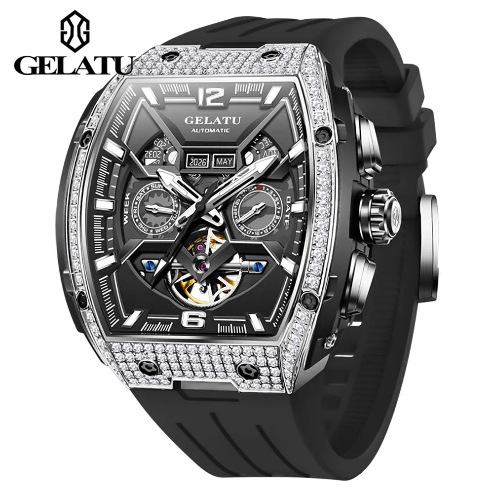 Gelatu 6016  Oem Custom logo Diamond Multifunctional Sports Waterproof Skeleton Hollow Automatic Mechanical Watch for Man
