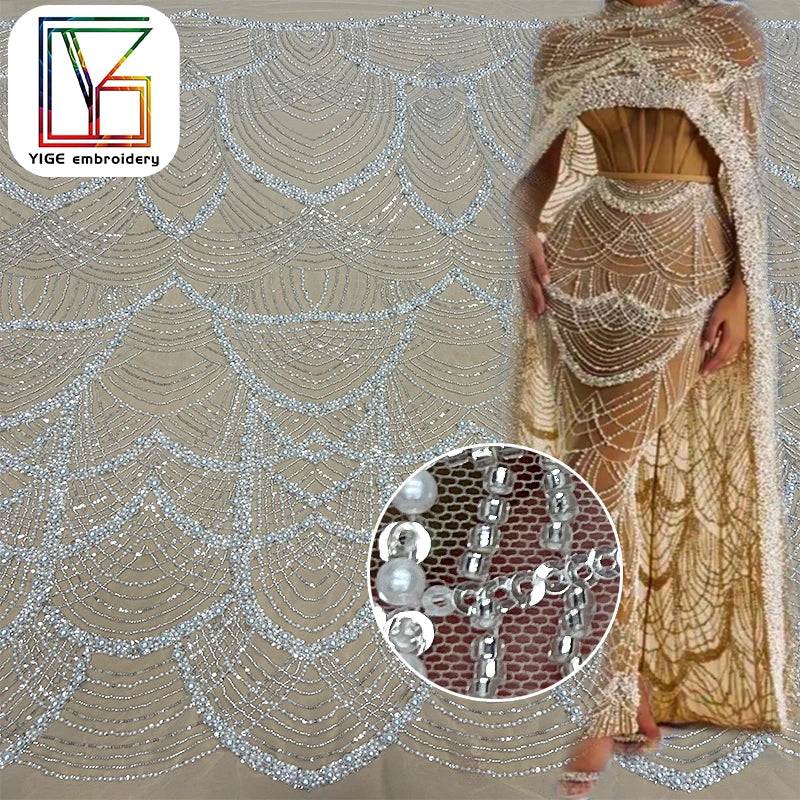 Wedding Luxury Bridal Pearls French Lace High End White Embroidery Beaded Tulle Hand Pearls Lace Fabric